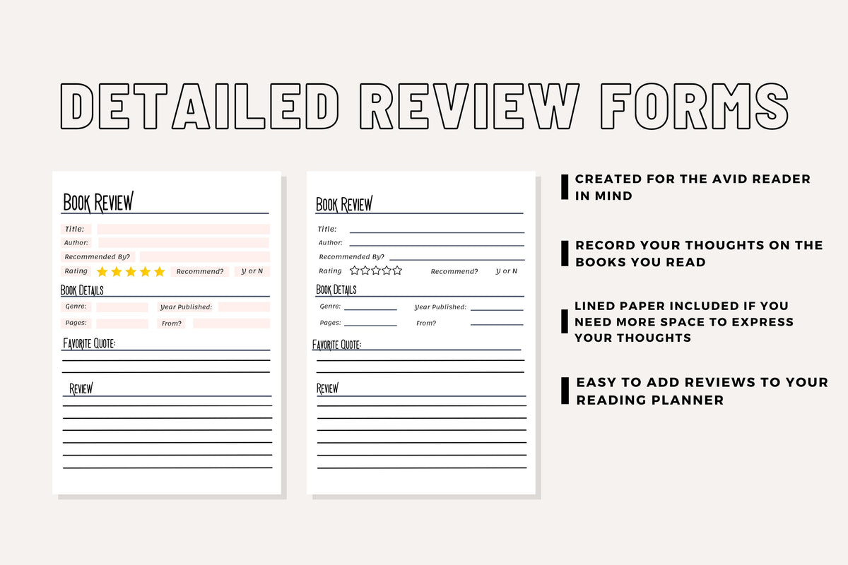 Book Review & Summary Template System Basic Writing Prompts for Book Club Quality Reviews Character Plot Event Quotes Printable Pages PDF A5