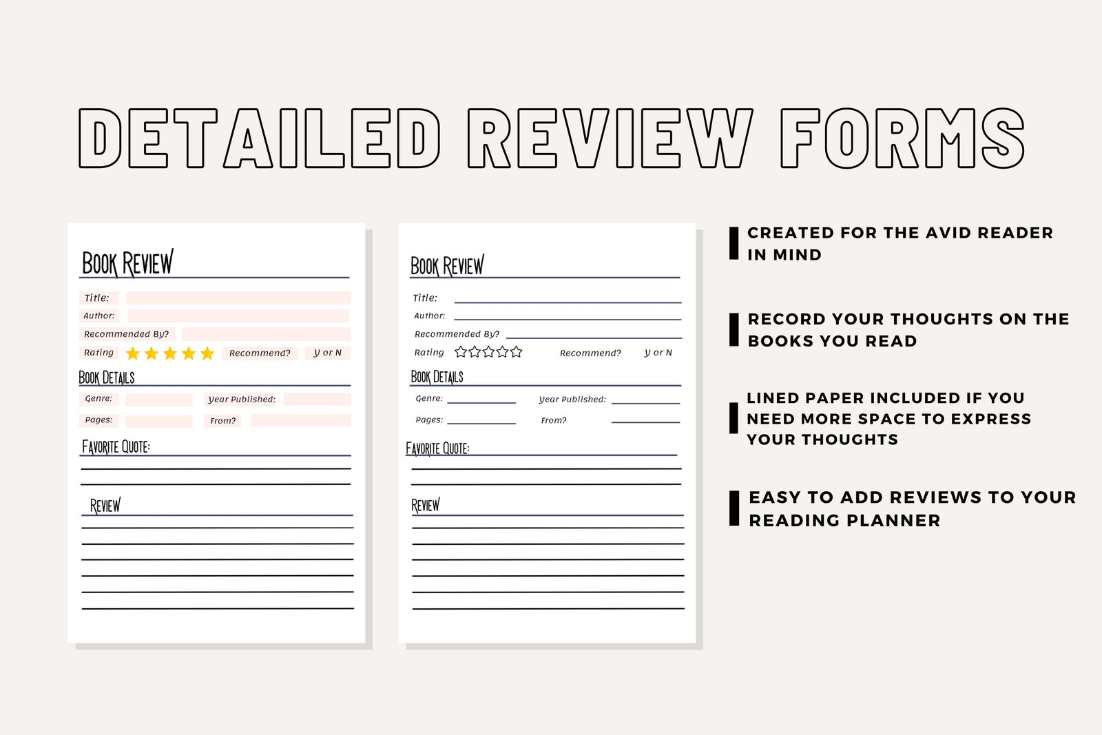 Book Review & Summary Template System Basic Writing Prompts for Book Club Quality Reviews Character Plot Event Quotes Printable Pages PDF A5