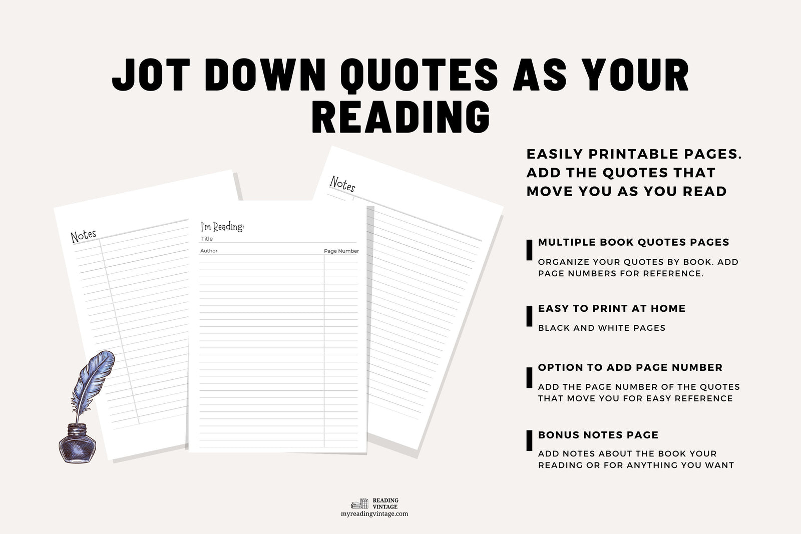 Book Quotes Bundle (Printable Quote Pages for Reading Planners) – Digital Download PDF