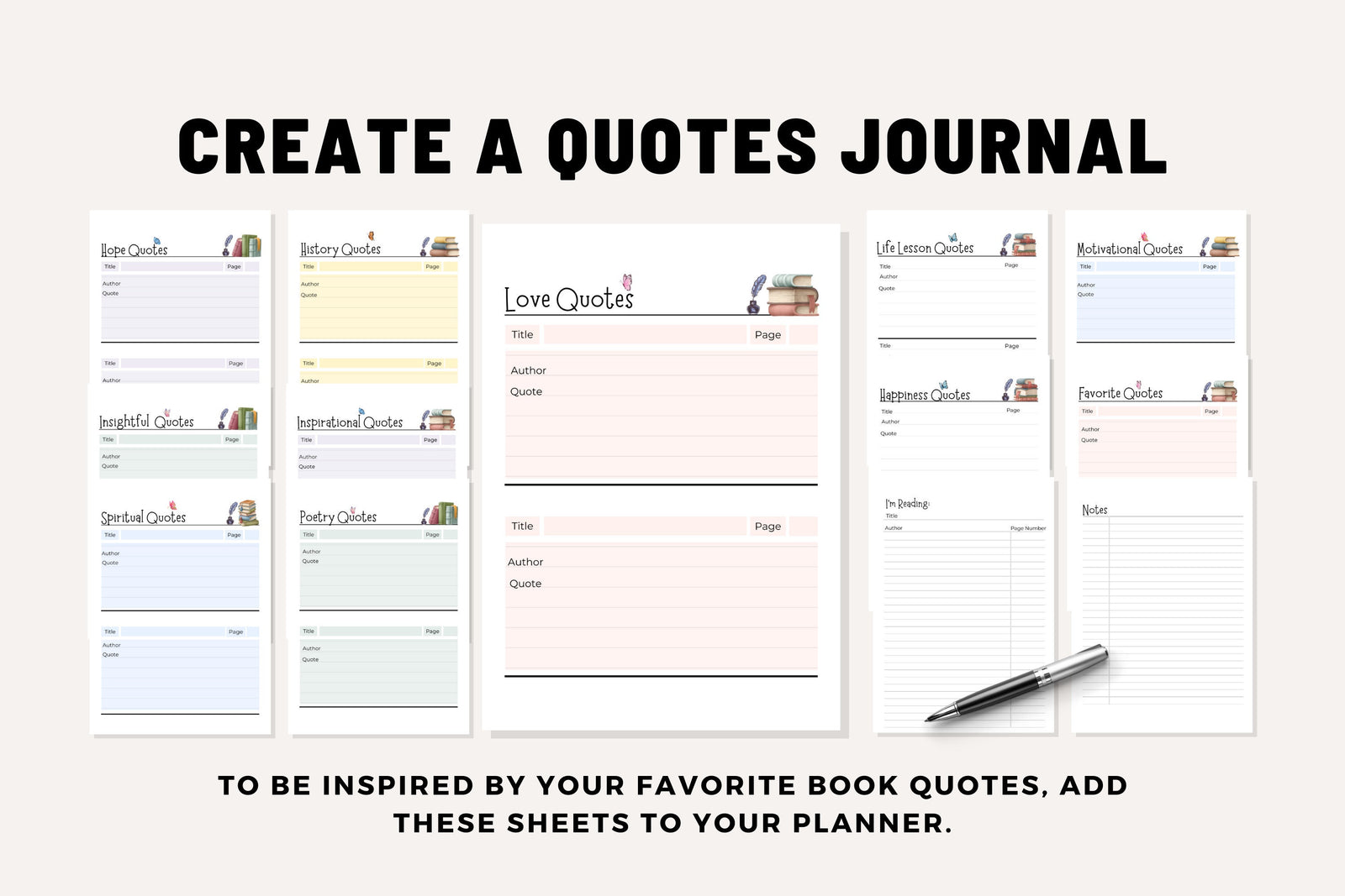 Book Quotes Bundle (Printable Quote Pages for Reading Planners) – Digital Download PDF