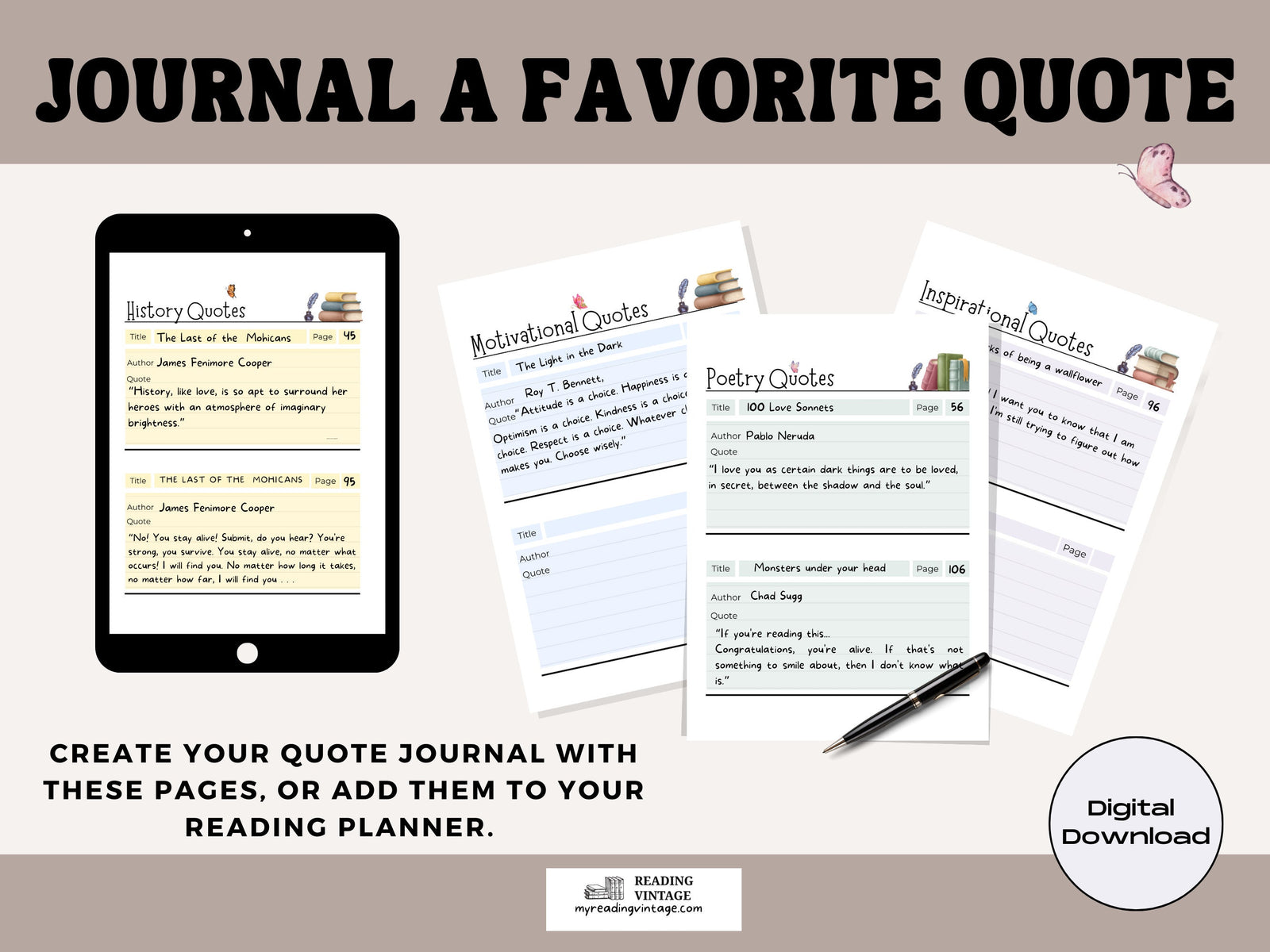 Book Quotes Bundle (Printable Quote Pages for Reading Planners) – Digital Download PDF