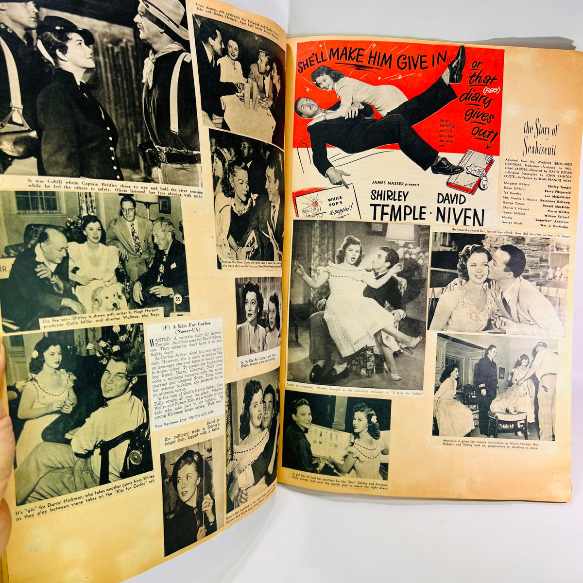 Shirley Temple and David Niven movie ad and photos, handmade fan scrapbook