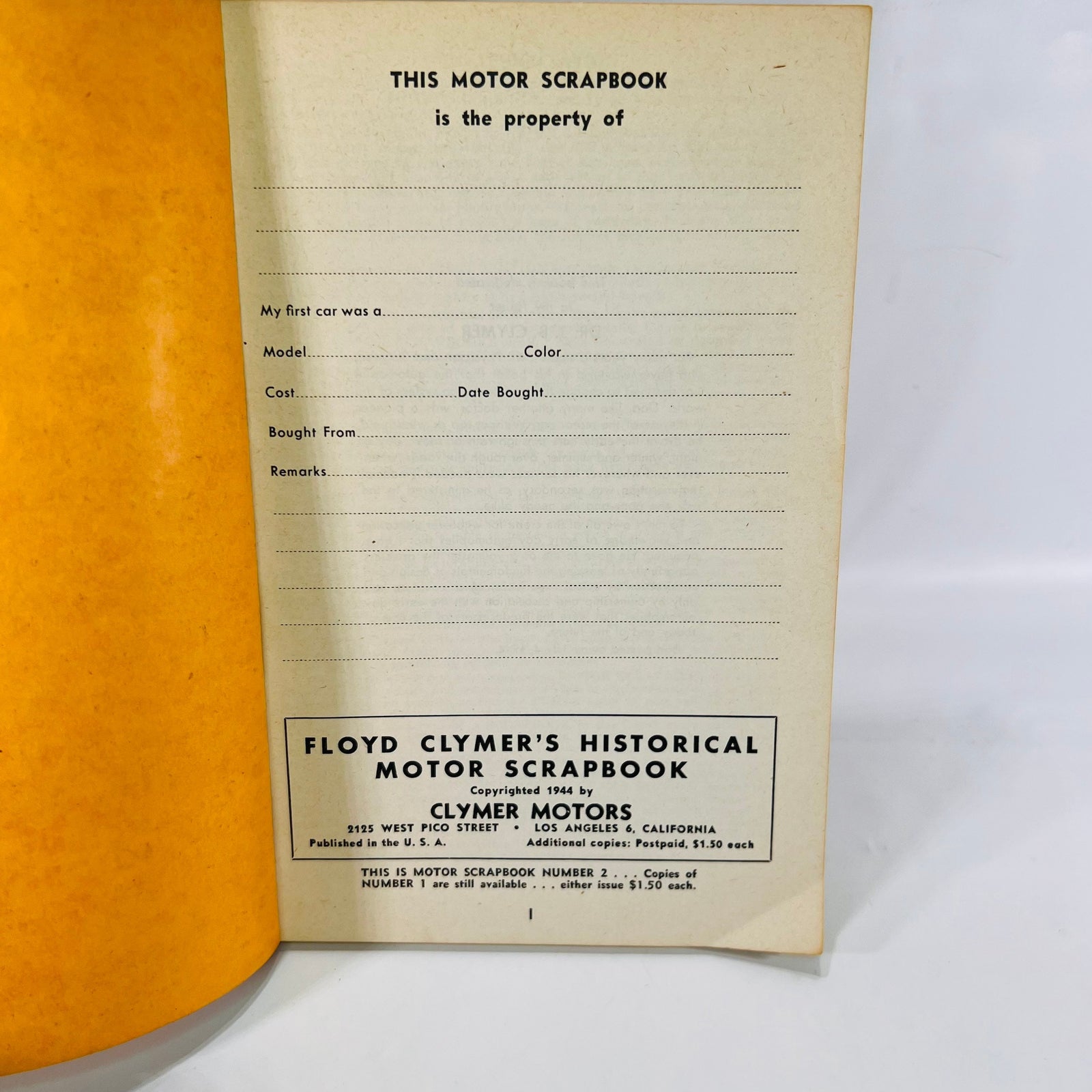 Floyd Clymer's Historical Motor Scrapbook Number Two 1944 Clymer Motors Paperback Vintage Automobile Advertising