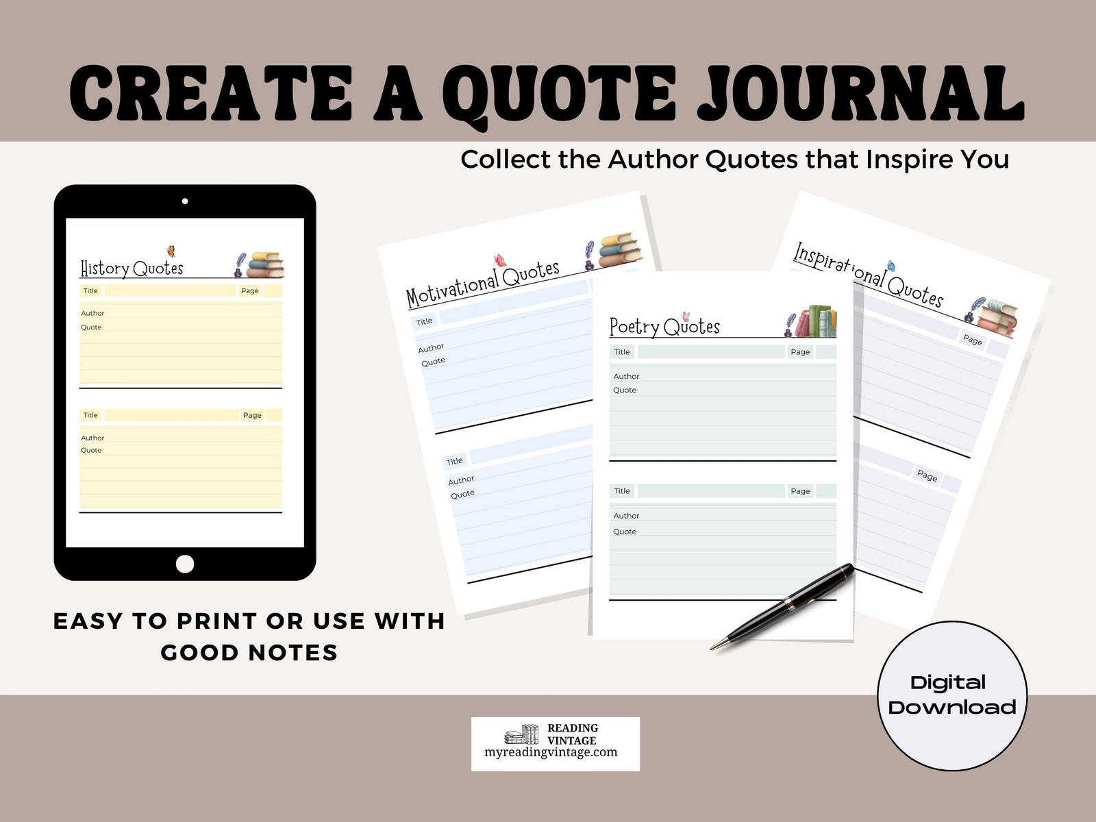Book Quotes Bundle (Printable Quote Pages for Reading Planners) – Digital Download PDF