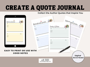 Book Quotes Bundle 12 Pages Add to Reading Planner Log Favorite Author Success Hope History Love Poetry Quotes Color & Note Page Pdf Files