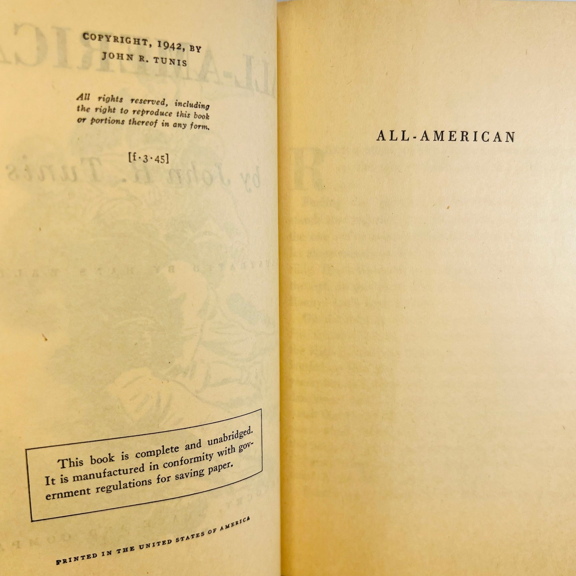 All American by John R. Tunis 1942 Harcourt Brace and Company