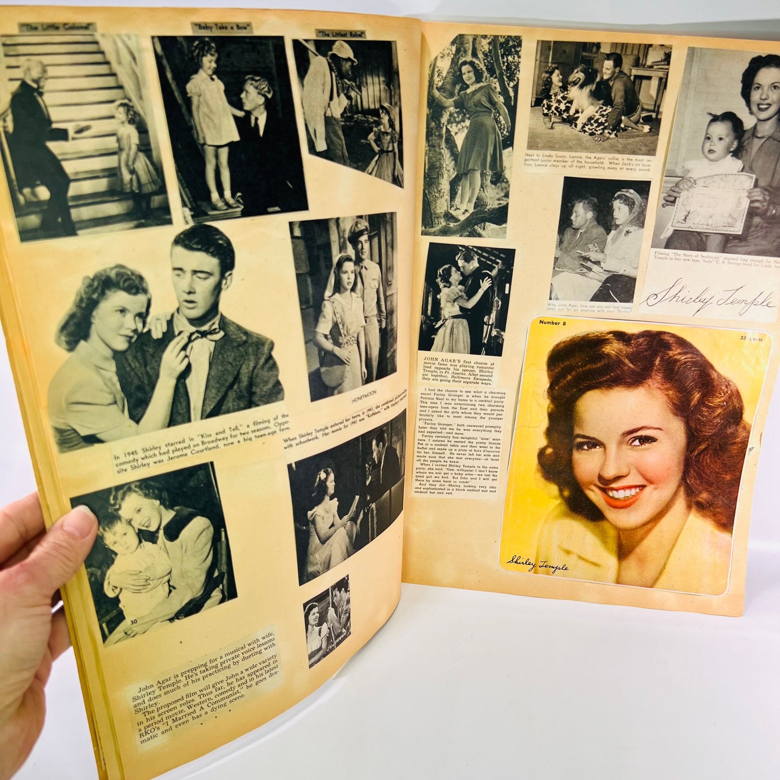 Shirley Temple scrapbook pages with film stills and a color portrait