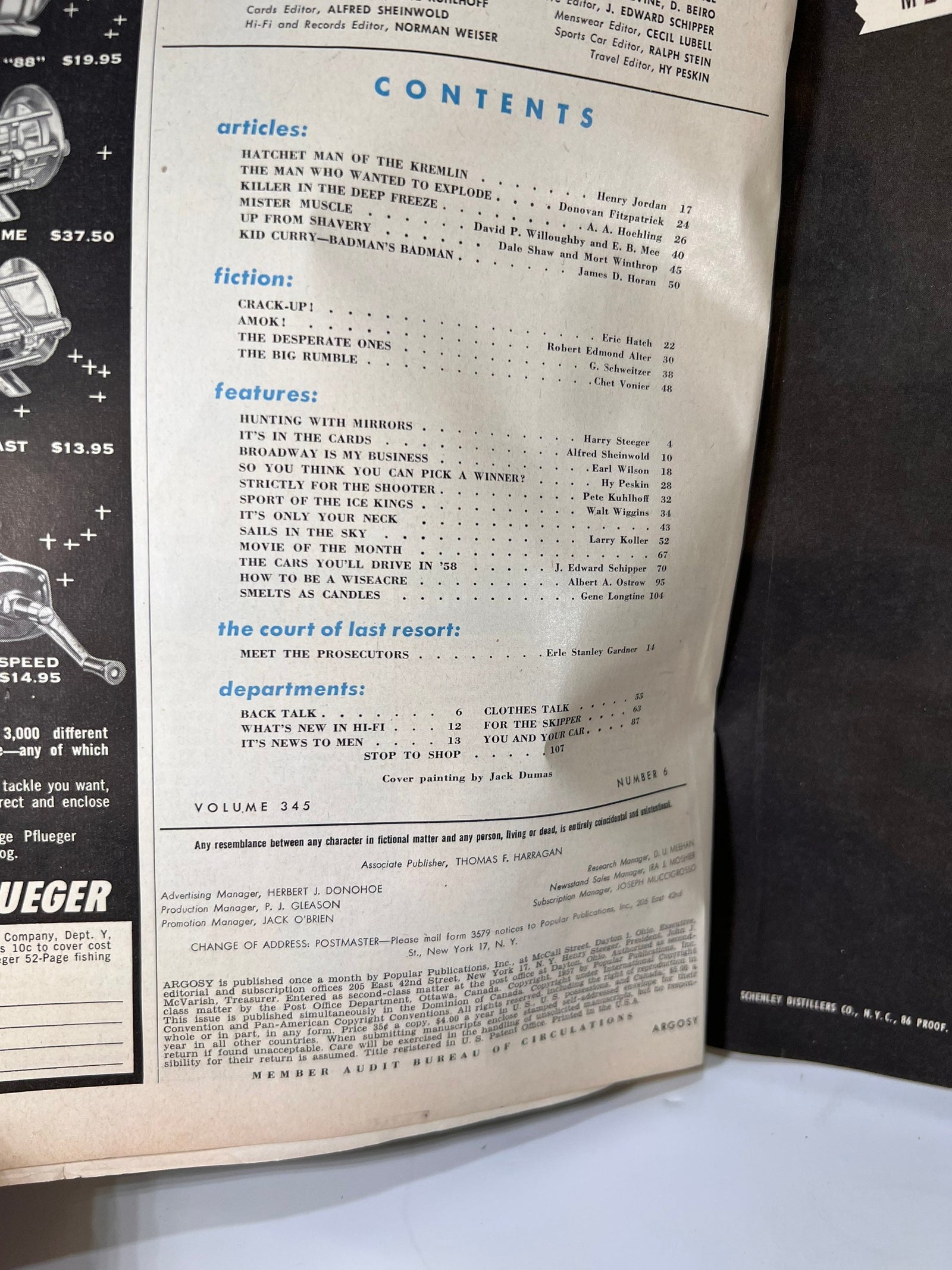 Contents page with the Cover painting by Jack Dumas line, Argosy December 1957