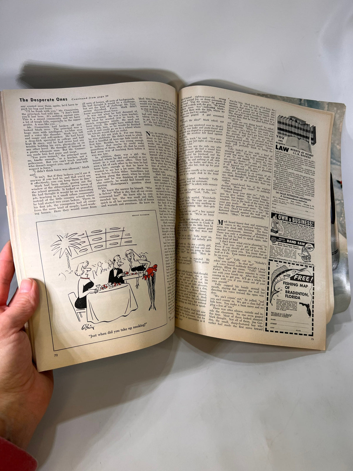 The Desperate Ones story pages with a cartoon, Argosy December 1957