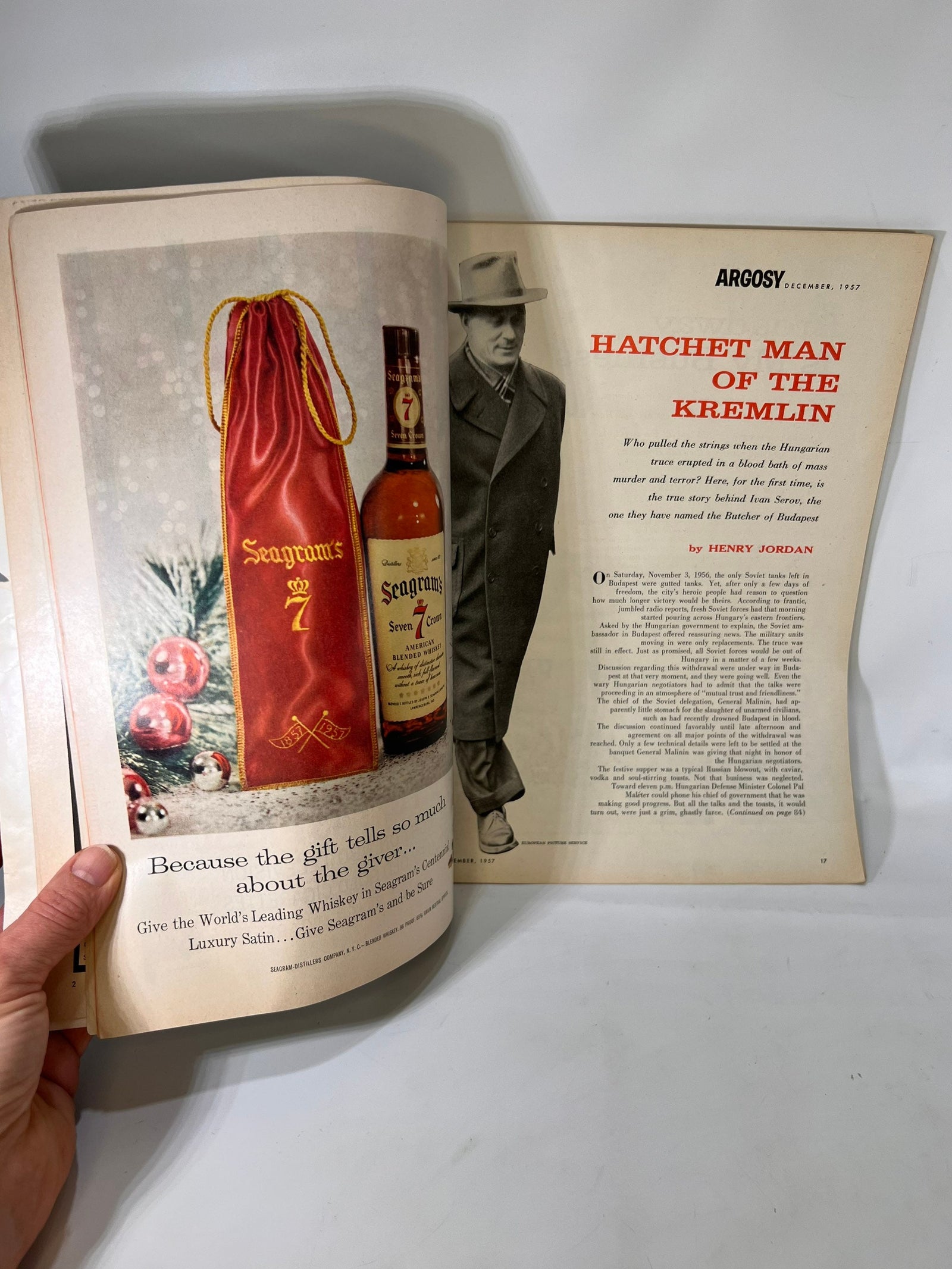 Seagram's 7 Crown ad and Hatchet Man of the Kremlin opening page, Argosy 1957
