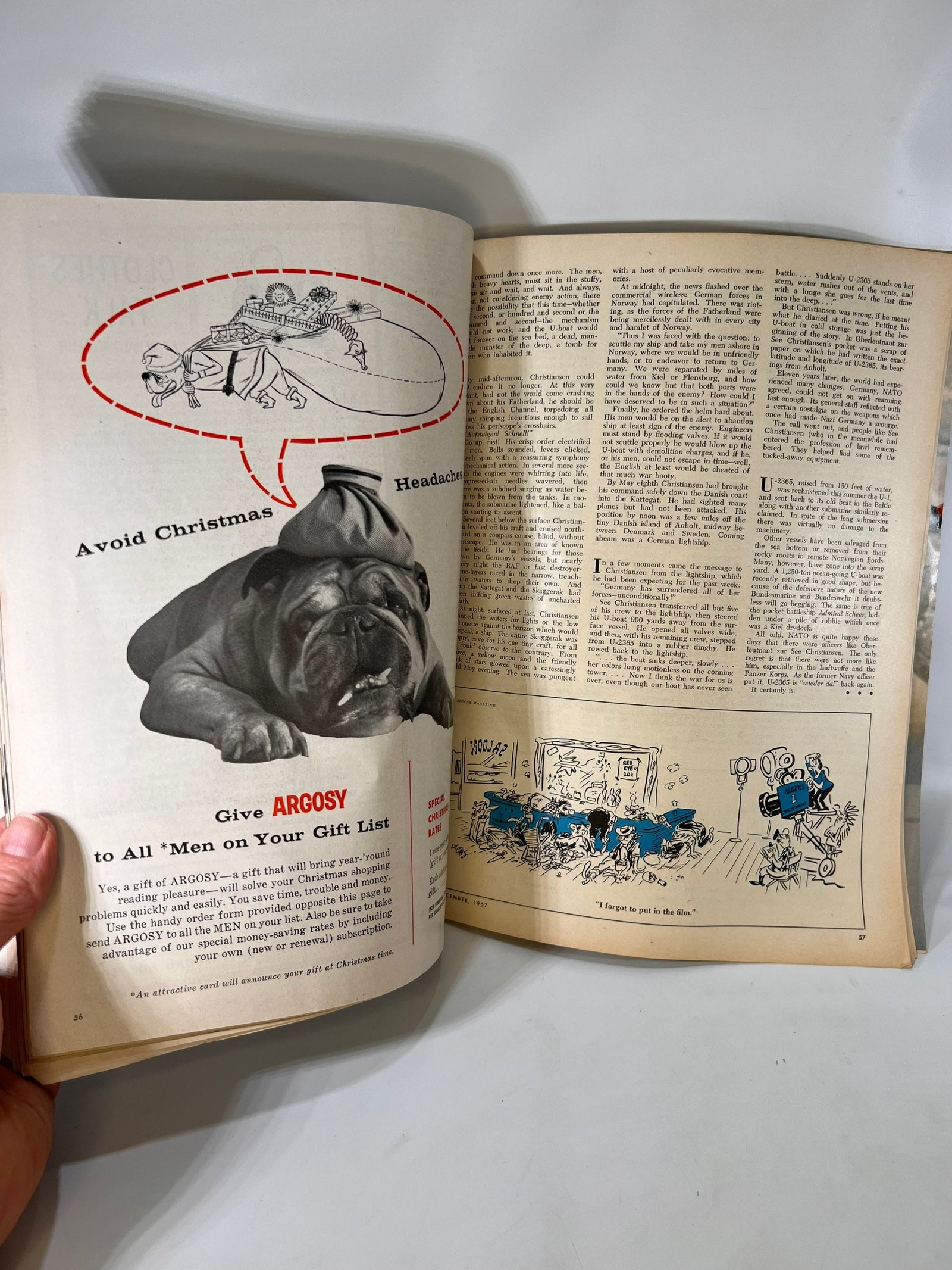 Give Argosy gift ad with a bulldog in a hat, Argosy December 1957