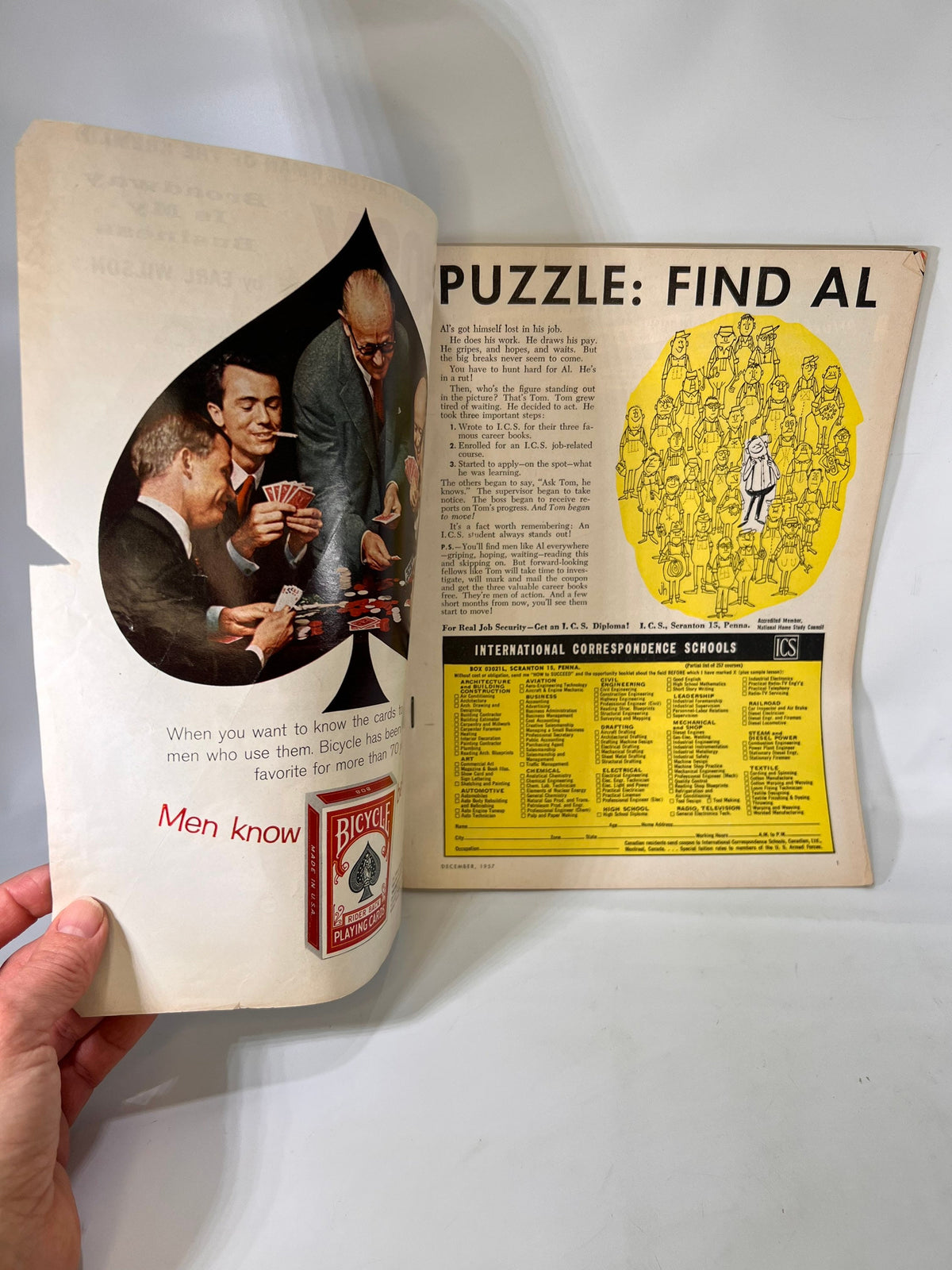 Bicycle playing cards ad and Puzzle: Find Al page, Argosy December 1957
